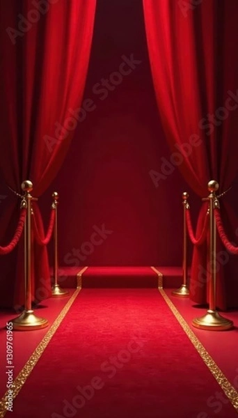 Fototapeta Red carpet unfolds before a gleaming gold stanchion , festival, barrier, show
