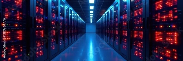Obraz Rows of servers actively processing data in a modern server room , data, system, power