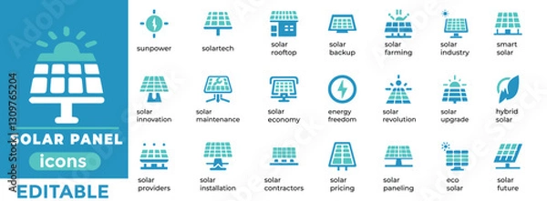 Obraz Editable solar panel vector set featuring eco-friendly, renewable energy, and sustainability icons for digital and print