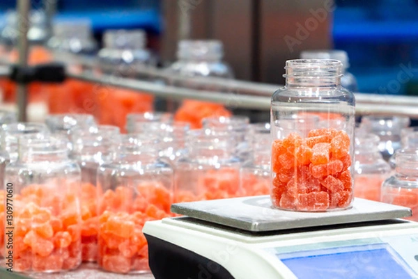 Fototapeta Jar of nutritional gummy bears on the scale on the factory packaging process