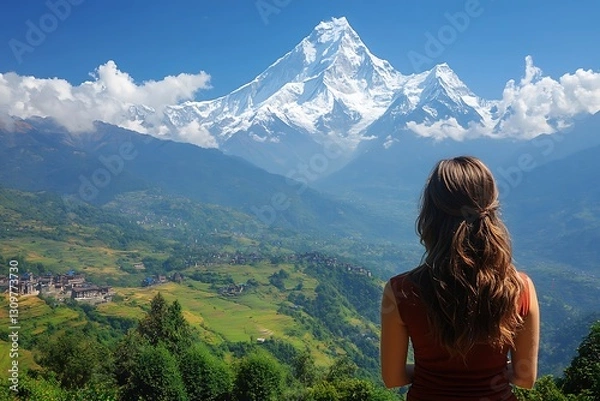 Fototapeta Woman gazes at snowy mountain peak from Nepal