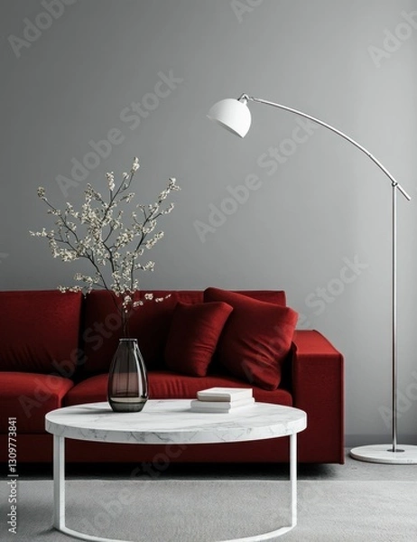 Obraz Modern living room with red velvet sofa, marble coffee table, and minimalist decor.