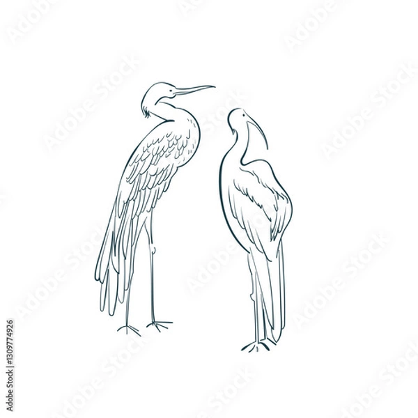 Fototapeta crane bird couple vector art line isolated design element ink