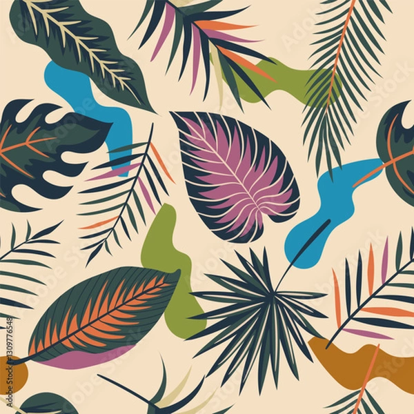 Fototapeta Modern exotic jungle pattern with tropical leaves. Collage contemporary seamless pattern. Hand drawn cartoon style pattern.