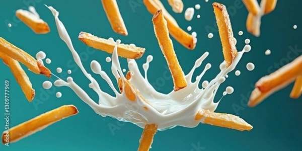 Fototapeta Floating French fries with tangy yogurt dressing splashes on a dark teal background