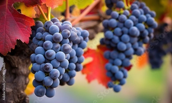 Fototapeta A close-up shot of dark blue grapes hanging from the vine, with vibrant red and orange leaves in autumn.
