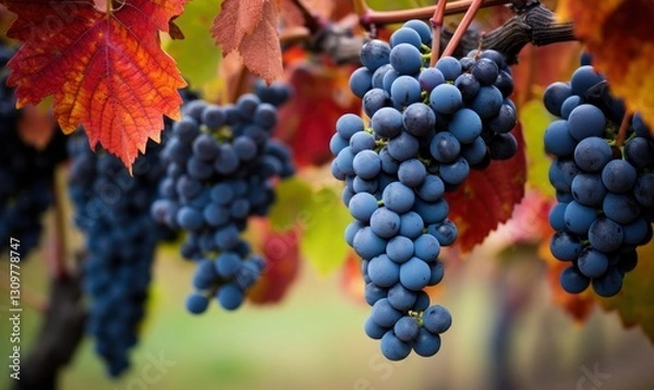 Fototapeta A close-up shot of dark blue grapes hanging from the vine, with vibrant red and orange leaves in autumn.