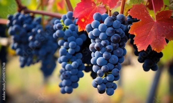 Fototapeta A close-up shot of dark blue grapes hanging from the vine, with vibrant red and orange leaves in autumn.