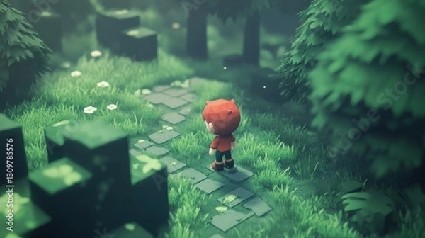 Obraz Pixelated character walks path in a lush forest