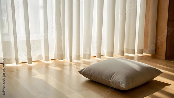 Fototapeta The serene ambiance of a sunlit room, where sheer curtains and a simple cushion create a haven of peace
