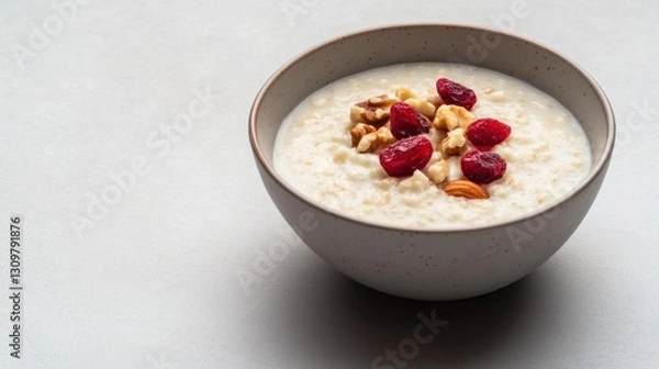Fototapeta A bowl of oatmeal with walnuts and cranberries
