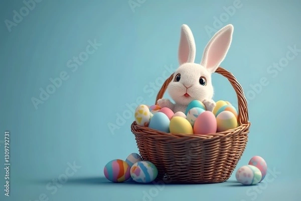 Obraz Cute white Easter bunny peeking from a wicker basket filled with vibrant colorful Easter eggs, some scattered on a light blue background. Festive holiday celebration scene.