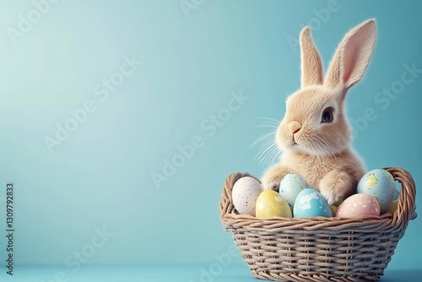 Obraz Adorable light brown Easter bunny sitting in a wicker basket filled with colorful patterned Easter eggs on a soft blue background. Festive spring holiday scene.