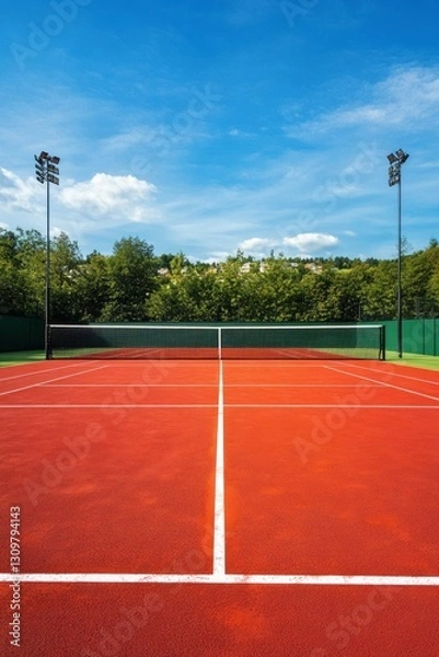 Fototapeta A tennis court with a net and a few trees in the background
