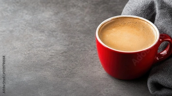 Fototapeta Bright red cup of coffee set against a gray background emphasizing color contrast and inviting a cozy enjoyment experience