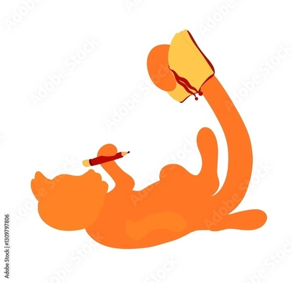 Obraz the cat lies on its back with a pencil in its paw and a notebook on its tail, it thinks and makes notes