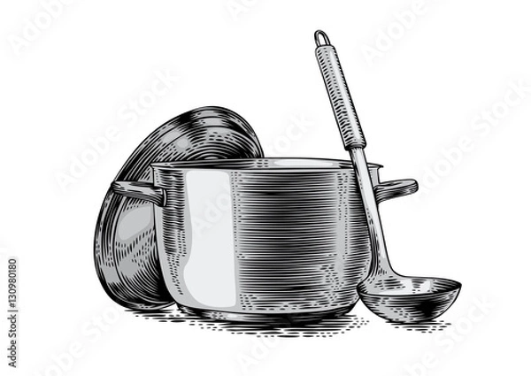 Obraz Metal pot with lid and ladle
