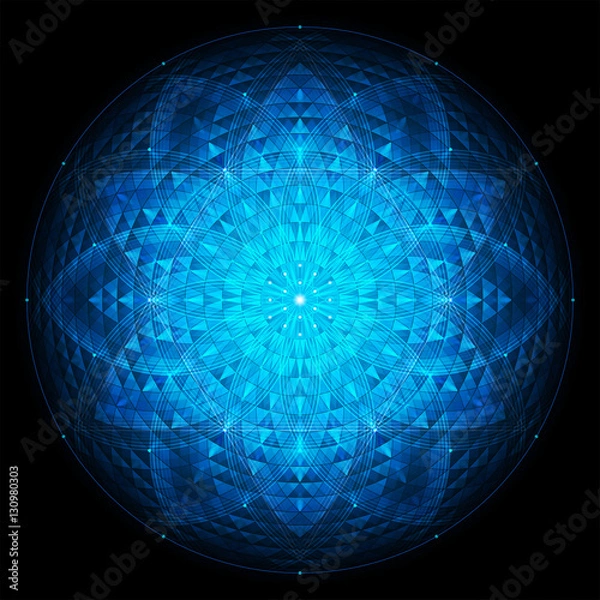 Obraz złożone głęboko niebieskie geometryczne mandala na czarnym tle, święta geometria, kwiat życia, wektor