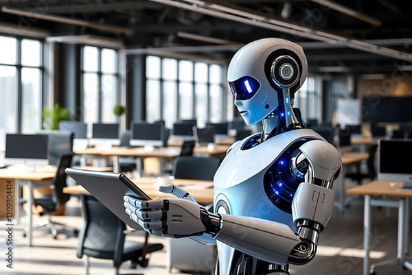 Fototapeta robot with a tablet in an office, humanoid Robot assistant analyzing data in modern office environment.	