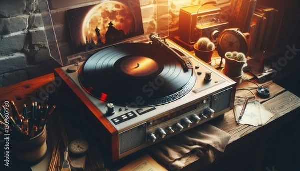 Obraz old vinyl record player on white background created with generative AI software.