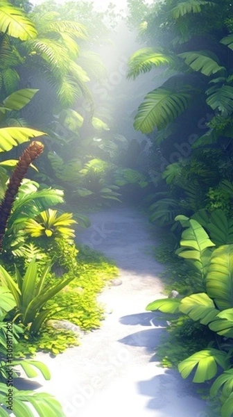 Fototapeta Lush jungle path winds through vibrant greenery, bathed in sunlight, ideal for nature tourism