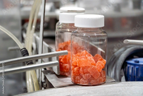 Fototapeta Nutraceutical gummy bears jars at the production line on a candy factory