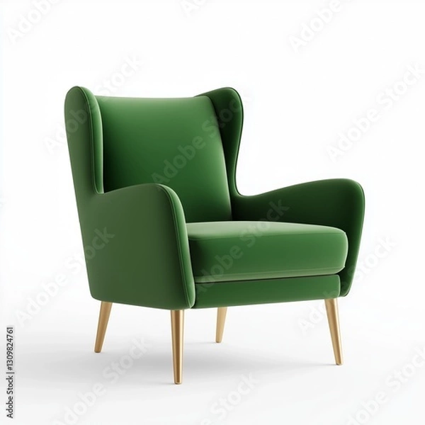 Fototapeta A statement armchair with a high backrest, upholstered in emerald green velvet with brass accents , isolated on a white background , High quality , No blur