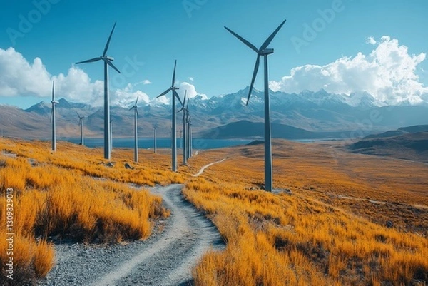 Fototapeta A Pathway to Clean Energy: Wind Turbines Standing Tall Against a Backdrop of Majestic Mountains and Golden Grasslands Under a Bright Blue Sky.
