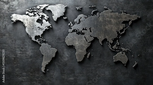 Fototapeta Three-Dimensional Metal World Map on a Textured Black Background