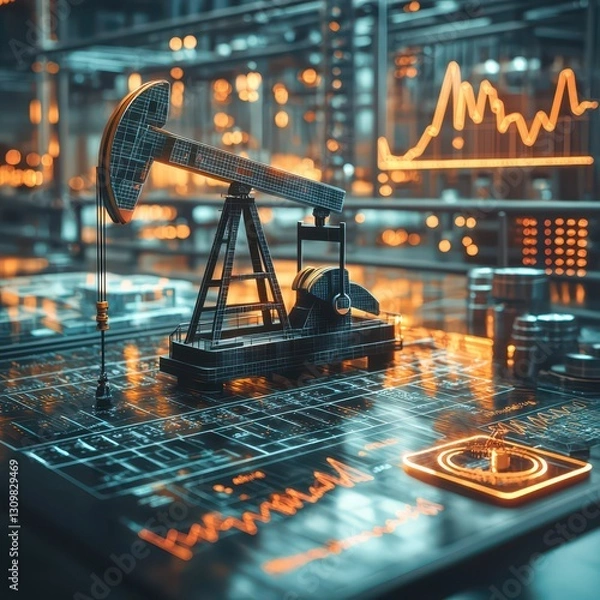 Fototapeta A futuristic oil rig sits on a digital surface, surrounded by glowing data graphs and analytics, symbolizing the intersection of technology and energy.
