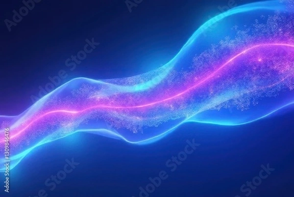Fototapeta vibrant neon blue-and-purple pixel line stream with Flowing dynamically center-right in a soft teal-to-white gradient in Minimalist Void – Futuristic Digital Art