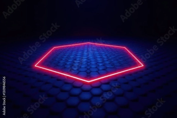 Fototapeta vibrant neon blue-and-red hexagonal grid with glowing edges with stretching dynamically center in a deep black gradient in Minimalist Void – Futuristic Digital Art