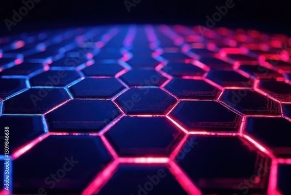 Fototapeta vibrant neon blue-and-red hexagonal grid with glowing edges with stretching dynamically center in a deep black gradient.jpeg in Minimalist Void – Futuristic Digital Art