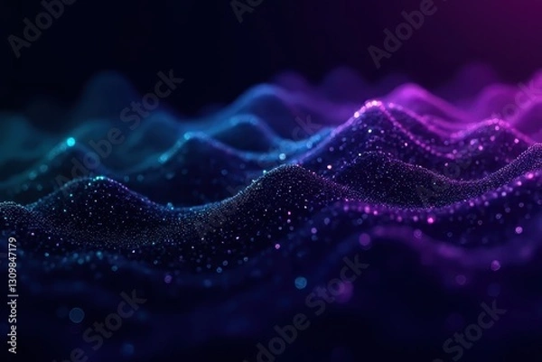 Fototapeta vibrant neon teal-and-purple tech grid with shimmering center-right in a deep black gradient in vivid contrast – Futuristic Digital Art