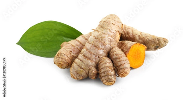 Fototapeta Tumeric rhizomes with leaf isolated on white