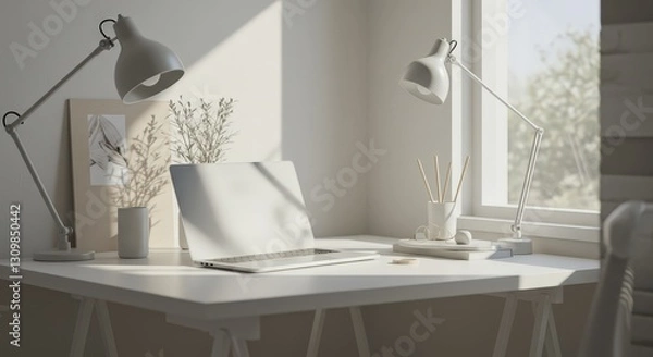 Fototapeta  Clean modern home office desk with laptop, lamps and window with plants. Spring Cleaning, Organize Your Home Day, Work from Home concept.
