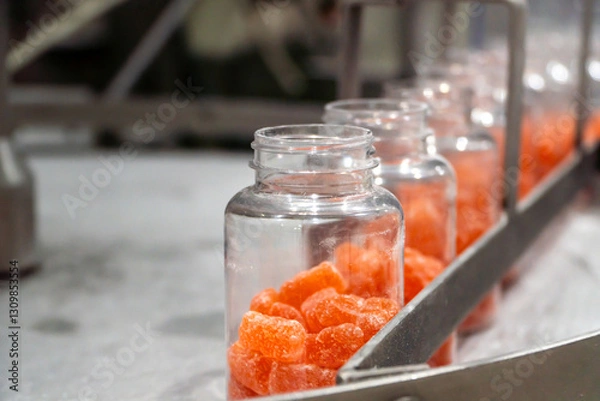 Fototapeta Vitamins supplements with gummy shape on the conveyor belt of the manufacturing industrial facility