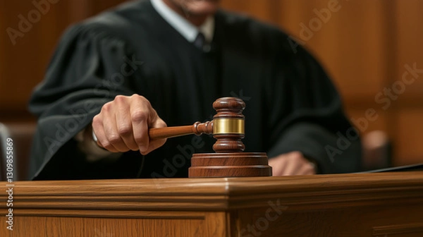 Fototapeta Judge holding gavel and delivering verdict in court setting, photo for thematic fleas, articles about law