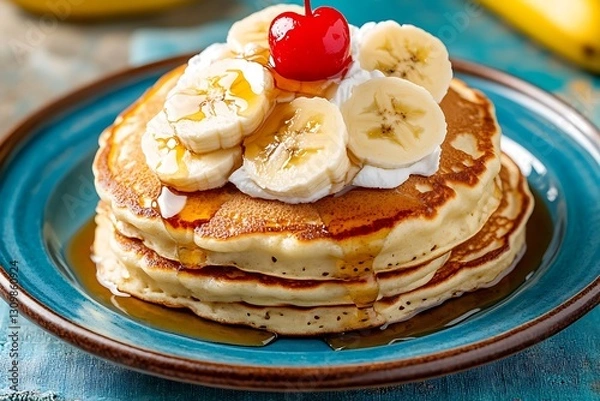 Fototapeta A stack of fluffy banana pancakes is served on a blue plate with a brown rim, set against a teal tablecloth