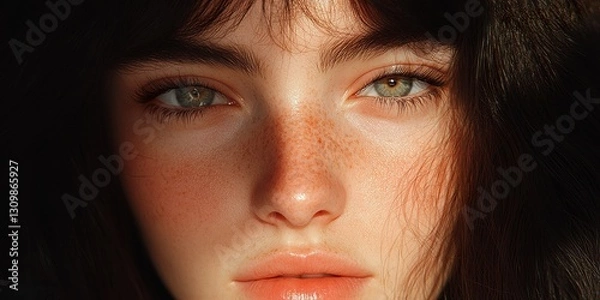 Obraz Captivating Gaze: A close-up portrait of a beautiful woman with striking eyes, captivating freckles, and soft, natural lighting.