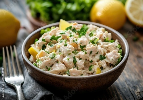 Fototapeta Fresh and Creamy Chicken Salad with Lemon and Parsley, Served in a Rustic Bowl on a Wooden Table Surrounded by Fresh Ingredients
