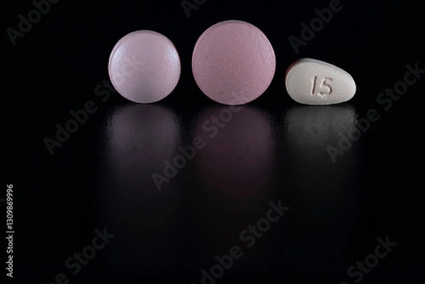 Obraz Three colored pills isolated on black with reflection
