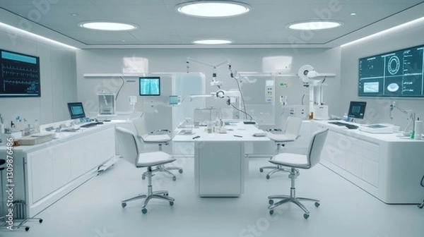 Obraz Bright white lab interior with equipment, monitors, chairs, tables. Clean background
