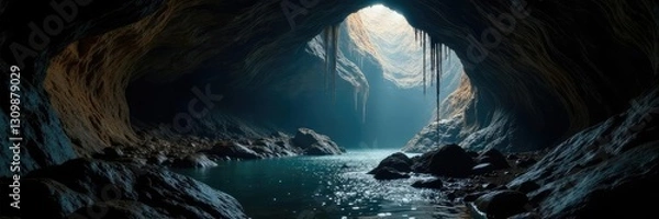 Fototapeta Dark, damp cave walls with dripping water and stalactites, earthy, water, rocky