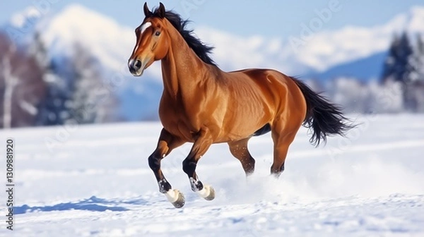 Fototapeta Horse galloping gracefully across a snow-covered field with mountains in the background during winter