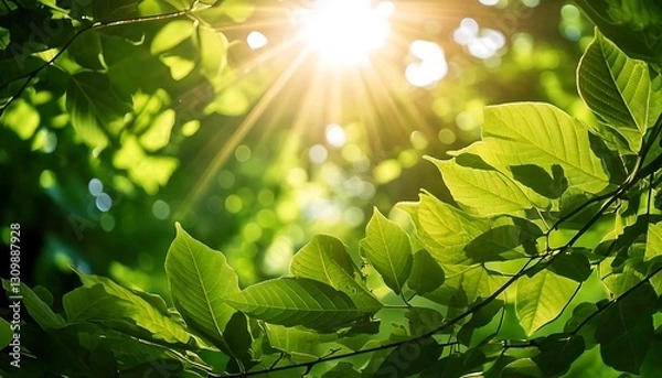 Fototapeta Sunlight filters through the trees and leaves in a vibrant forest scene