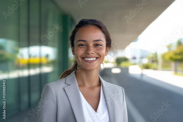 Obraz Young smiling business posing confidently, dressed in modern business clothes, against a backdrop of tech city with illuminated office building. Inovation, Startup, Bank, Fintech.