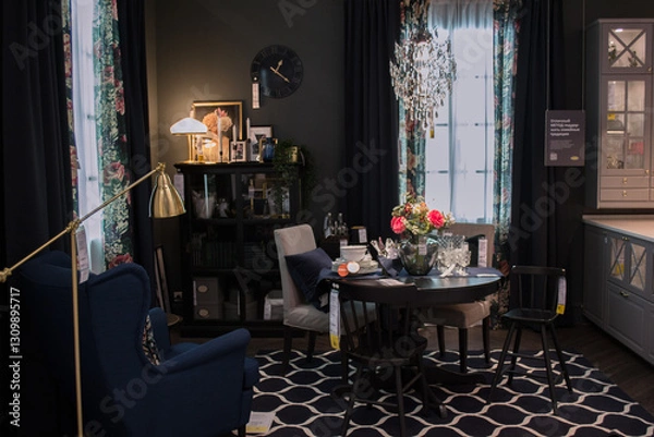 Obraz Сontemporary dining area features stylish furniture and tasteful decor, creating an inviting atmosphere perfect for gatherings. Furniture store showroom with elegant design elements.