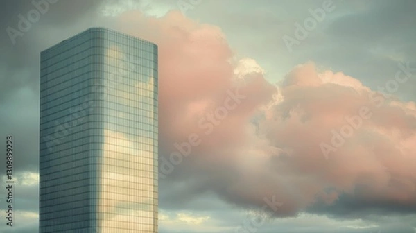 Obraz Lone skyscraper silhouette against a radiant sunrise, embodying hope and renewal within the cityscape.