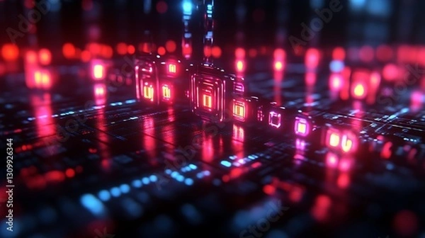 Fototapeta Abstract Neon Cubes on Circuit Board